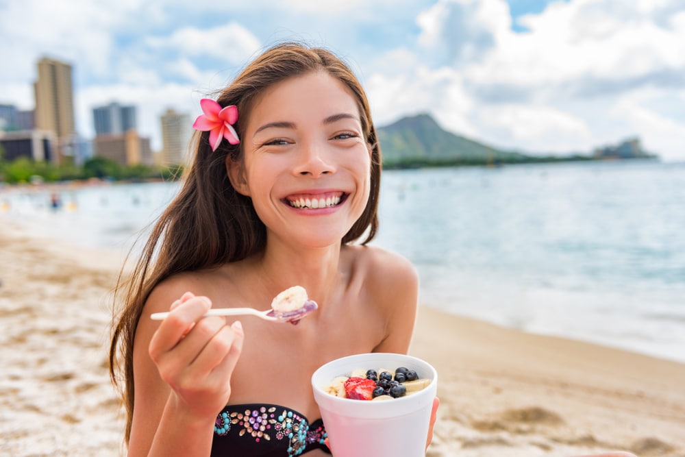 Acai,Breakfast,Smoothie,Bowl,Eating,Woman,Enjoying,Hawaii,Food,On