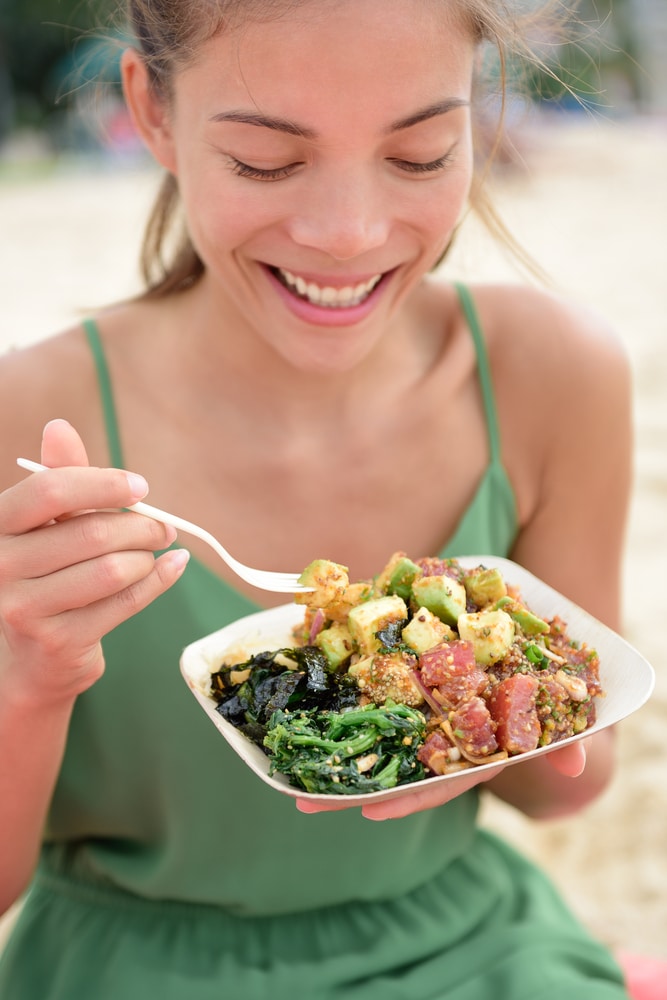 Woman,Eating,Local,Hawaii,Food,Dish,Poke,Bowl,Salad.,Girl